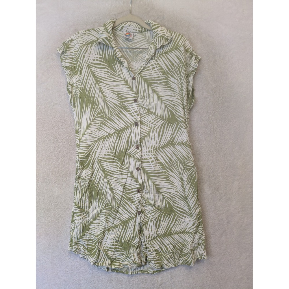 Makai Beach Hawaii Shirt Dress Women's Medium Green Palm Leaf Print Button Front